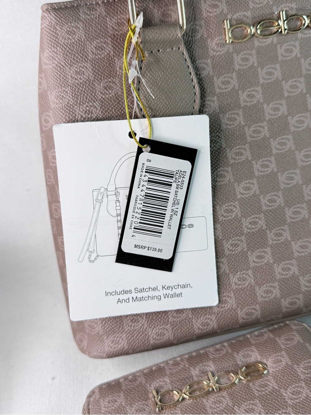 bebe Taupe Logo Satchel with Matching Wallet and keychain - Picture 8 of 15